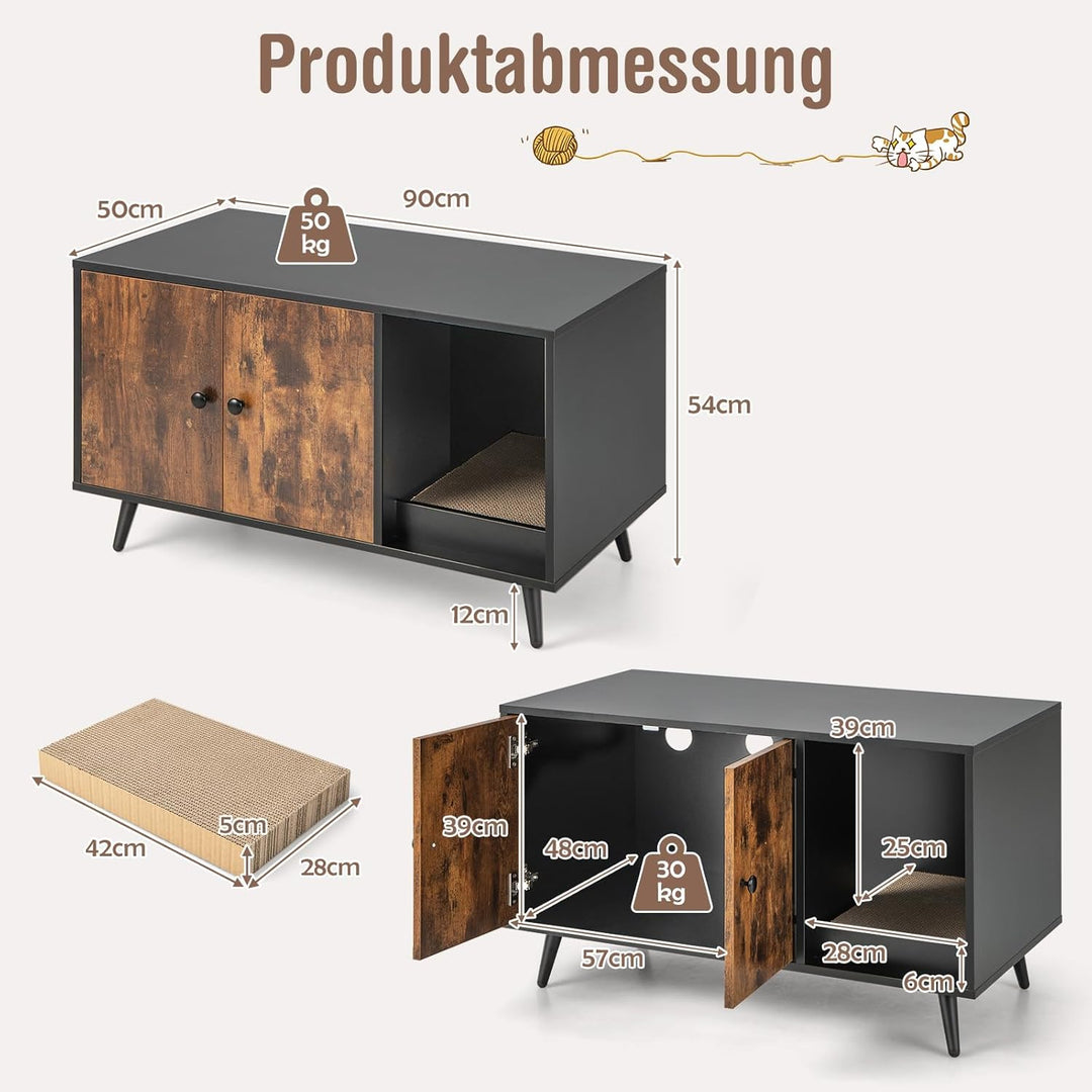 COSTWAY Katzenschrank für Katzentoilette, 2 in 1 Beistelltisch Katzenhaus, Katzenklo Schrank mit Kra