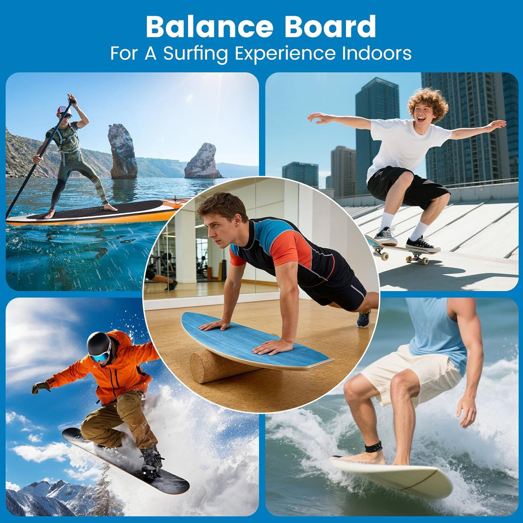 Surfin Balance Board, Balance Board Holz mit Rolle, Halbkugel und Balance Ball, Indoor Surfboard und