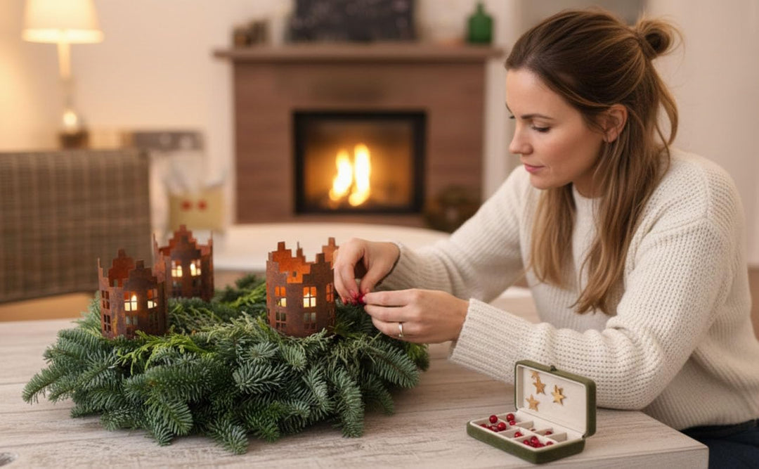 LB H&F 4er Set Adventskranzstecker HÄUSER Deko Kerzenhalter Advent Rost Metall Weihnachten KERZENSTE