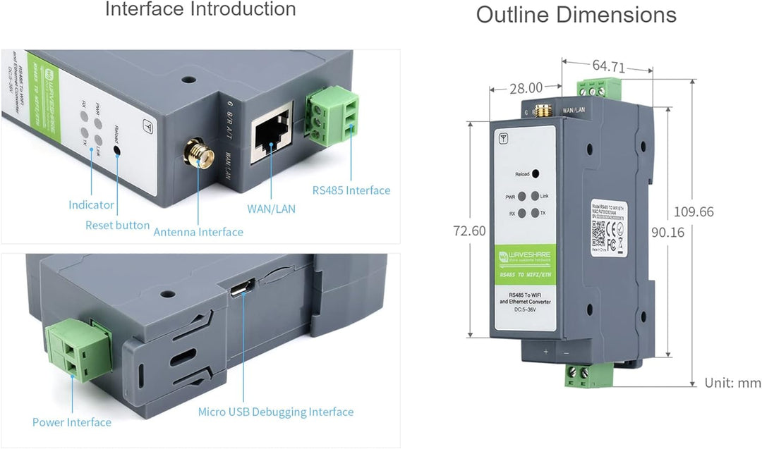 RS485 zu WIFI/Ethernet Modul, Modbus MQTT Gateway, RS485 Serieller Server Rail-Mount, mit RS485, WIF