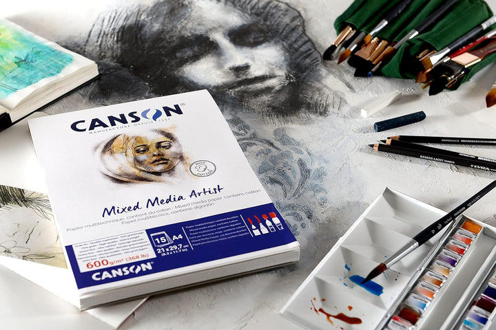 Canson Mix Media Artist Block, A4, 15 Blatt, 10% fein, 600 g