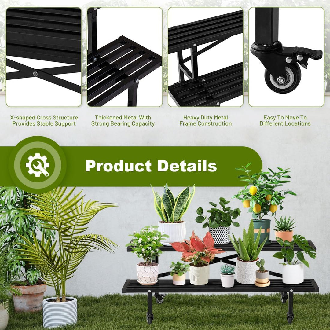 CStern Blumenregal mit Rollen,Metall Blumenständer,2 Etagen Blumentreppe,Schwarz Pflanzenregal,Pflan