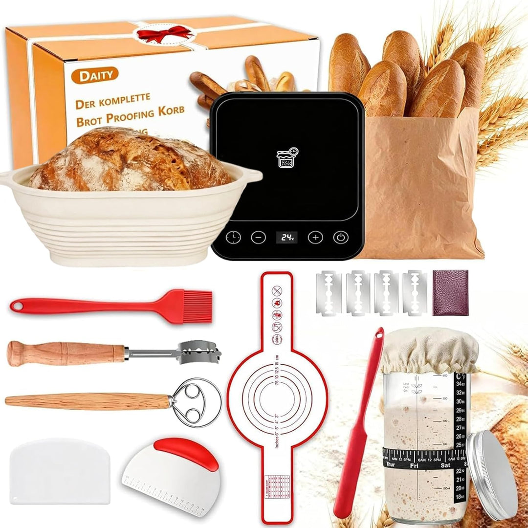 Daity Sauerteig Starter Set, 12-teilig Brot Backen Zubehör mit Sauerteig Wärmer, 28cm Klappbarer Bro