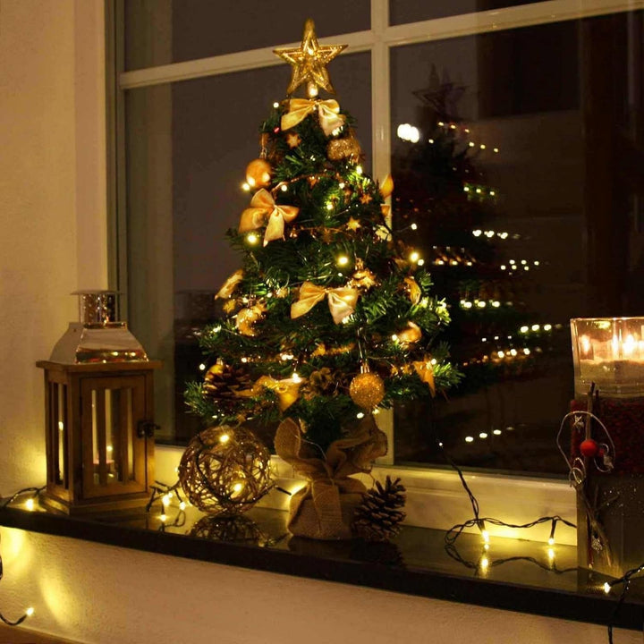 Weihnachtsbaum künstlich (WBD) 75 cm grün mit Weihnachtsdeko Gold und Led Lichterkette mit Batterieb