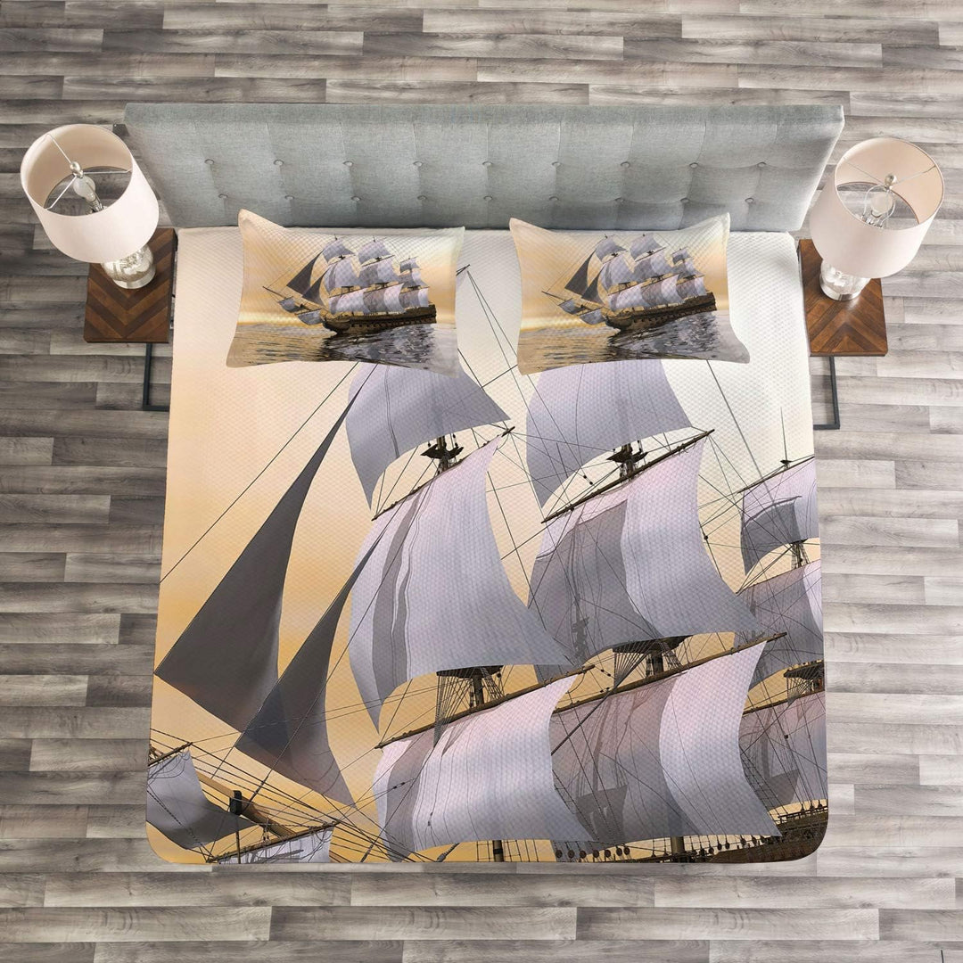 ABAKUHAUS maritim Tagesdecke Set, Schiff Segeln auf Ozean, Set mit Kissenbezügen Moderne Designs, fü