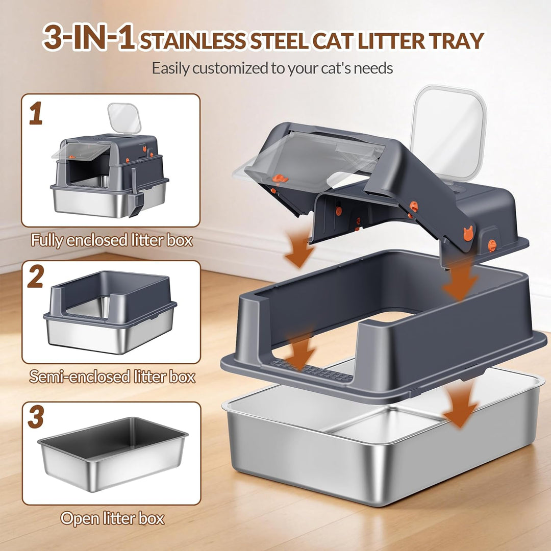 Edelstahl Katzenklo mit Deckel, XXXL Geschlossene Metall Katzentoilette, 70 x 50 x 42 cm, 105° Klapp