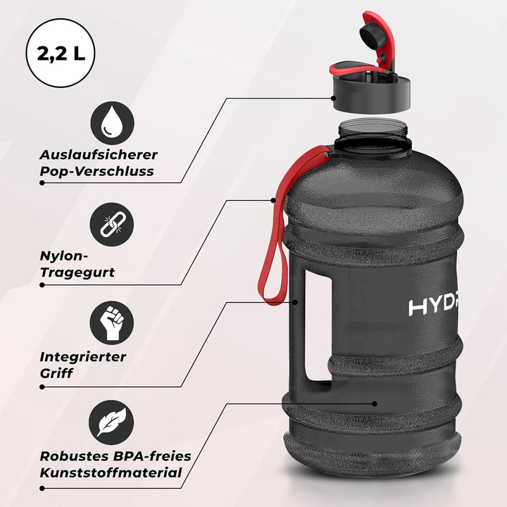 HYDRATE Hochwertige-2,2-Liter-Wasserflasche - jetzt mit Easy-Drink-Cap, langlebig & extra stark - BP