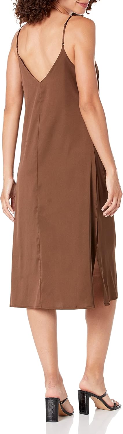 The Drop Damen Ana Silky Midi-Slip-Kleid mit V-Ausschnitt L Espresso, L Espresso