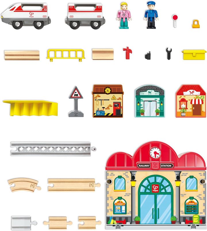 Hape Tragbares Bahnhof-Set aus Holz, Züge für Kinder, Schienen, Bahnhof und Figuren, leicht zu trage