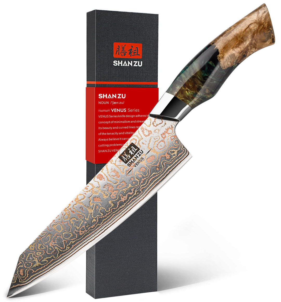 SHAN ZU Damastmesser aus Kupfer Kochmesser Handgeschmiedetes Japanisches Messer, 33 Schichten Damast