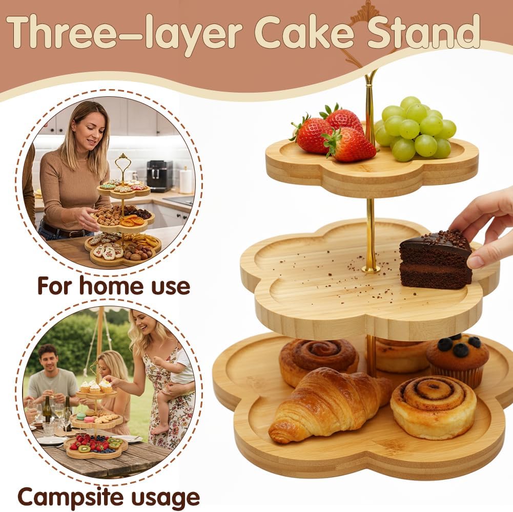 Etagere 3 Etagen Bambus, Holz-Cupcake-Ständer Blumenform-Design, Bambus-Etagere Buffet Ständer Servi