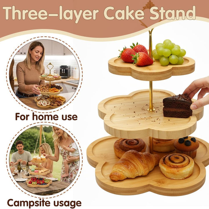 Etagere 3 Etagen Bambus, Holz-Cupcake-Ständer Blumenform-Design, Bambus-Etagere Buffet Ständer Servi