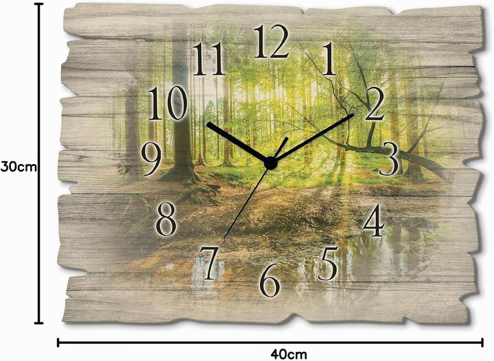 ARTLAND Wanduhr ohne Tickgeräusche aus Holz Funkuhr 40x30 cm Rechteckig Lautlos Wald Landschaft Bach