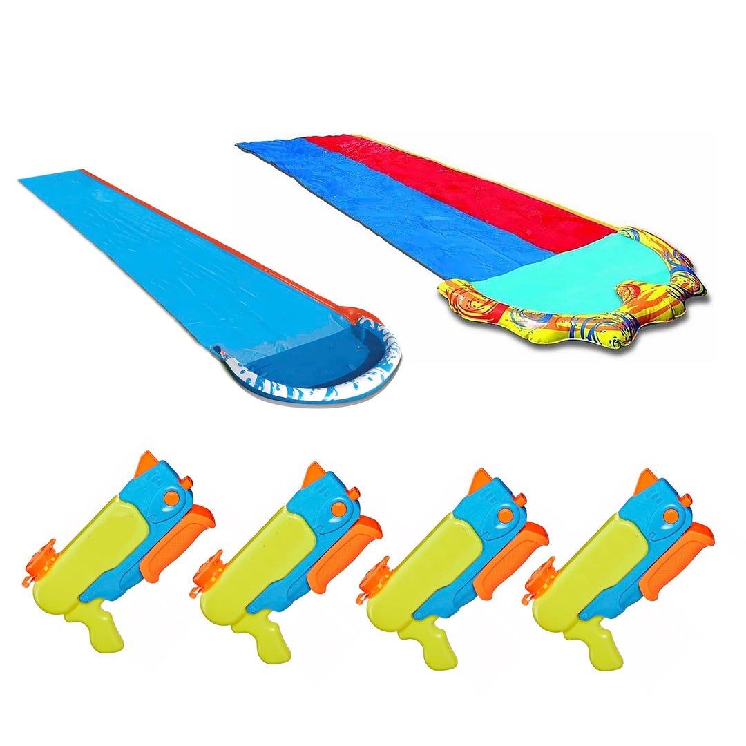 BANZAI Outdoor Slide Party Pack – 1 Single- Rasen-Wasserrutsche & 1 Duo-Rasen-Wasserutsche & 4 Wasse