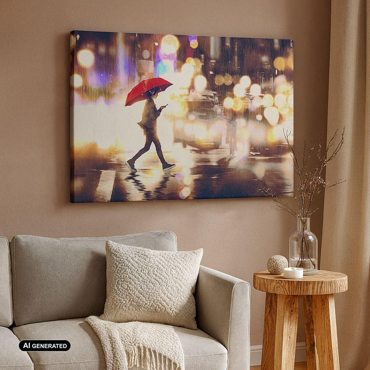 Bilder auf Leinwand 100x70cm Leinwandbild mit Rahmen Stadt Strasse Nacht Gross Wanddeko Bild Schlafz