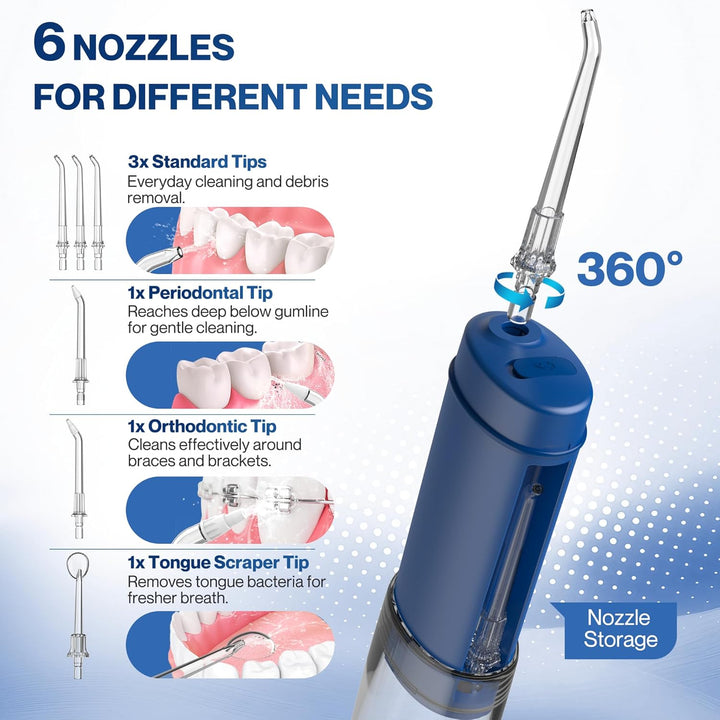 BarberBoss Pocket Flosser, Tragbare Munddusche für Zähne, 6 austauschbare Spitzen & USB-C Wiederaufl