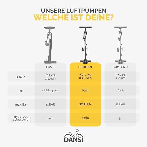 DANSI Stand-Fahrradpumpe alle Ventile AV, SV, DV - Luftpumpe Fahrrad Inklusive Grossem Manometer, Ad