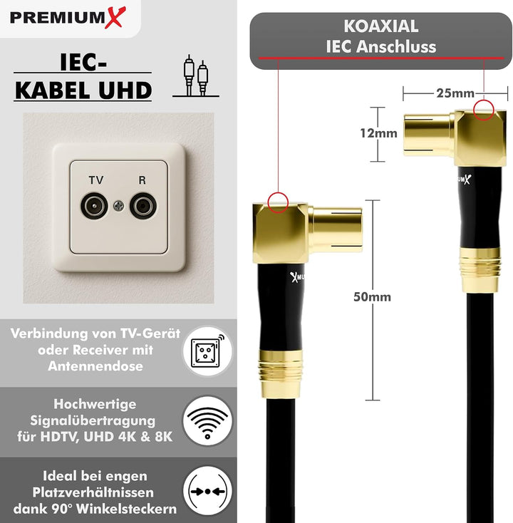 Premium X 20m Gold-Line TV Antennenkabel Schwarz Koax-Anschluss IEC Stecker - IEC Buchse 90° gewinke