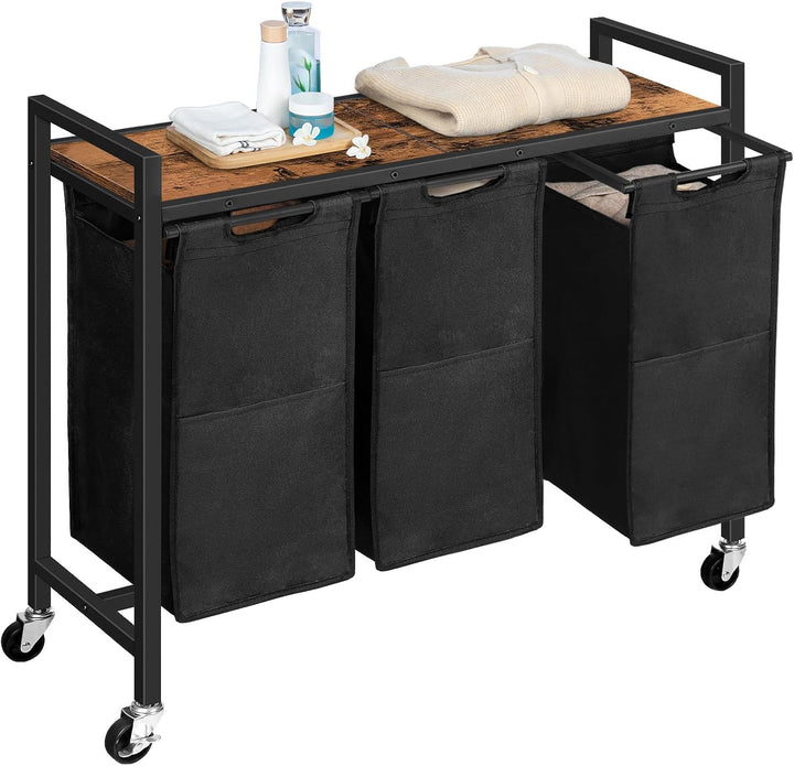 HOOBRO Wäschekorb 3 Fächer mit Ablage und Rollen, 119,4 L | Masse: 84 x 33 x 74,5 cm, 3 x 39,8 L Wäs