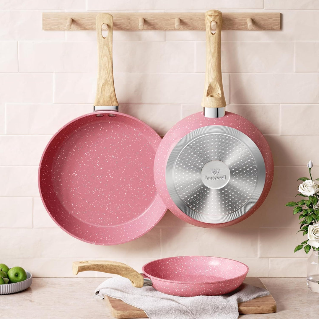 Pfannenset 3-teilig Blassrosa – Induktion Pfanne mit Deckel 20/24/28 cm, Antihaftbeschichtung in Pro