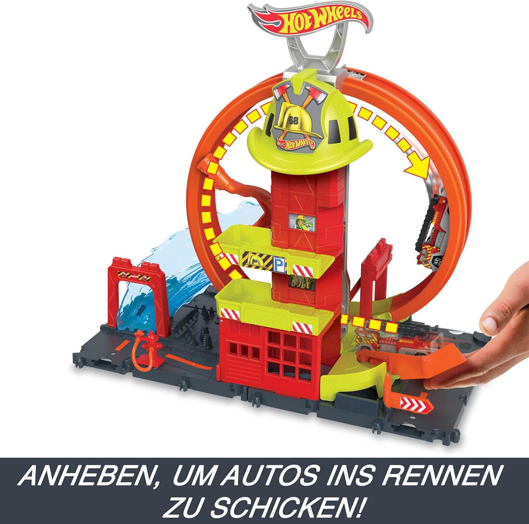 Hot Wheels City Super-Looping Feuerwache - Spielset mit manuellem Aufzug und wasserähnlicher Rampe u