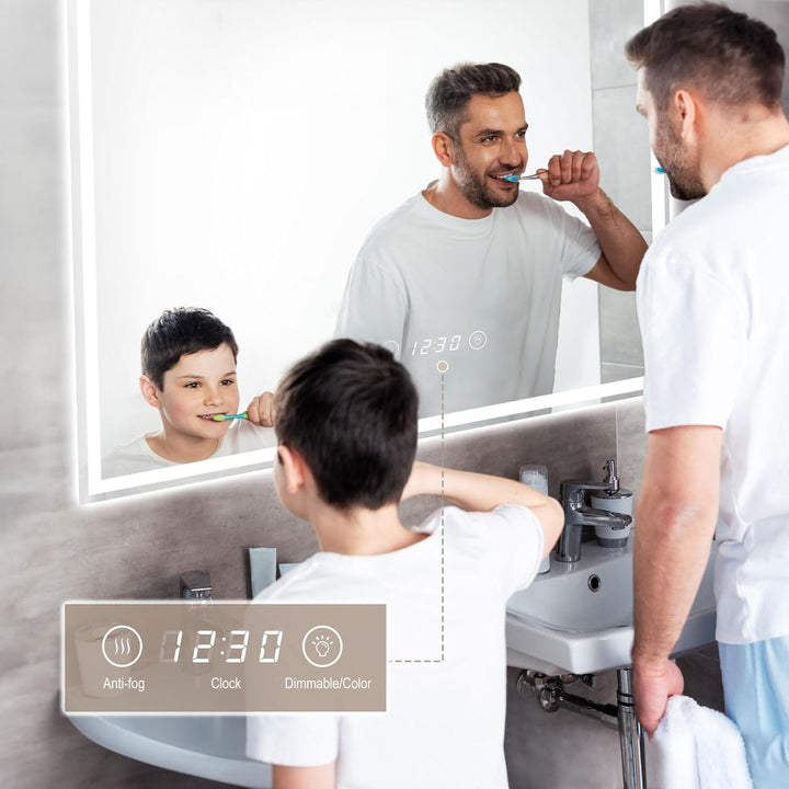 Dripex Badspiegel mit Beleuchtung Led Spiegel mit Uhr und Steckdose, Dimmbar, 3 Lichtfarbe Einstellb
