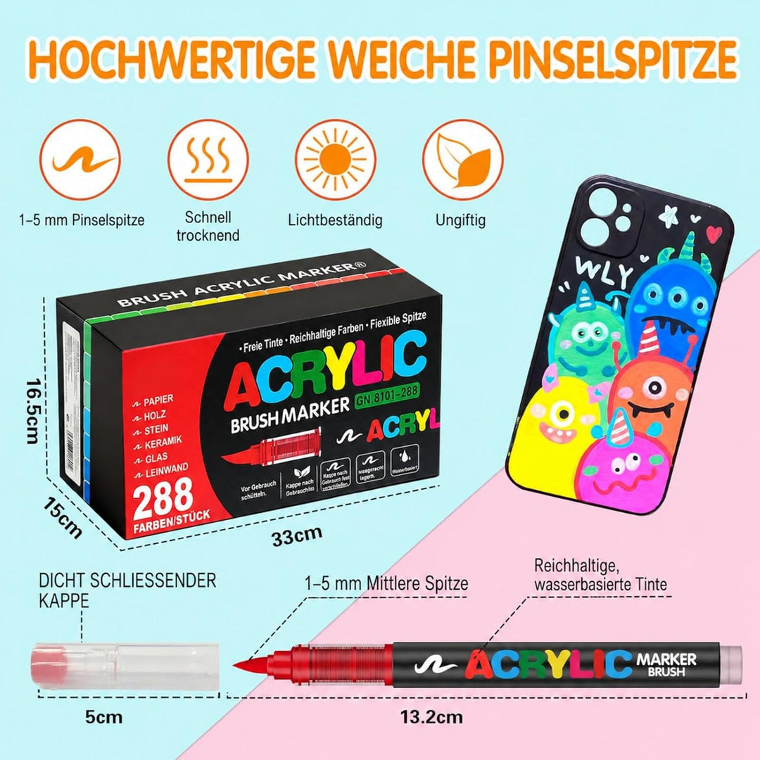 Efimeso 288 Farben Acrylstifte für Steine Wasserfest,Pinselmalstifte auf Wasserbasis Acrylic Paint M