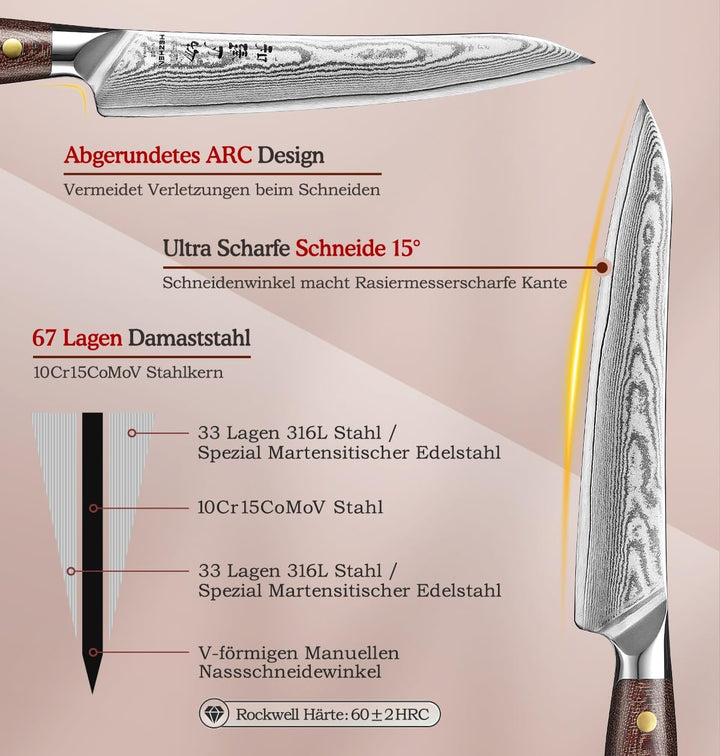 HEZHEN Fleischmesser Damastmesser, Damast Tranchiermesser, Chinesisch VG10 Damaststahl Profi Küchenm