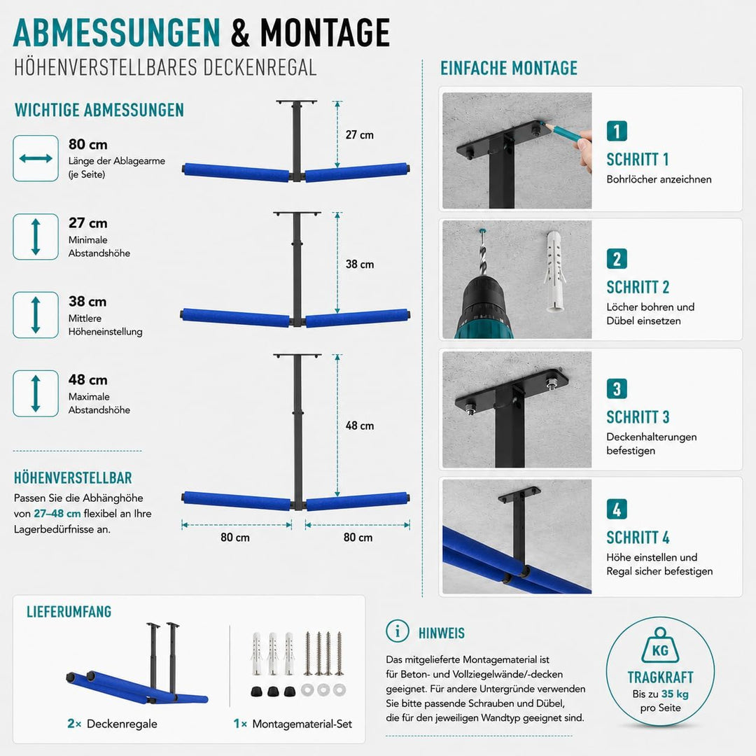 QLS Hängeregal Deckenhalterung 2-seitig aus pulverbeschichtetem Stahl 2 x 80 cm Höhenverstellbar 27–