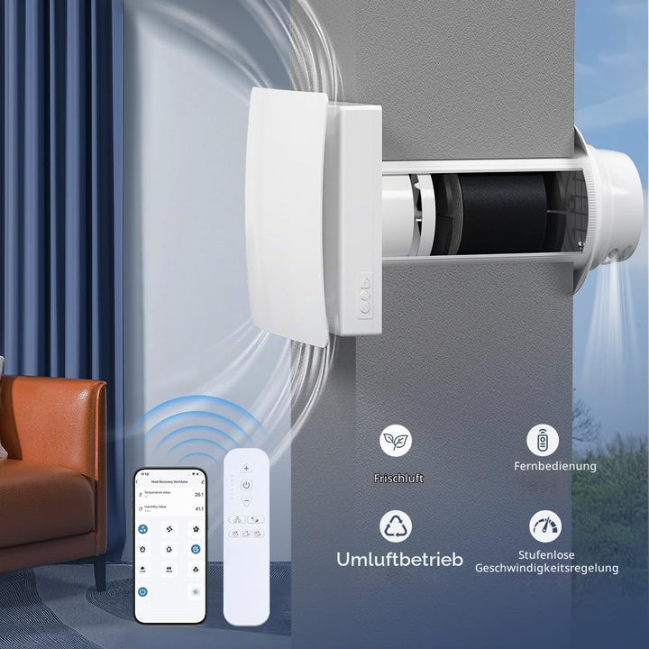 Dezentrale Lüftungsanlage mit Wärmerückgewinnung 125mm – WiFi Smart App Steuerung, Keramikkern &amp; Vor