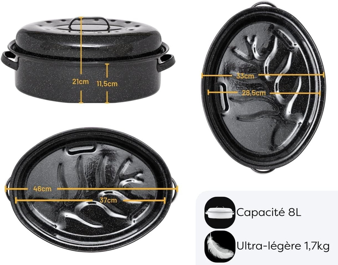 GRANITEWARE - Roaster Bräter aus emailliertem Stahl - Gross - Edelstahlrost + Rezeptbuch