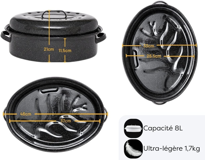 GRANITEWARE - Roaster Bräter aus emailliertem Stahl - Gross - Edelstahlrost + Rezeptbuch