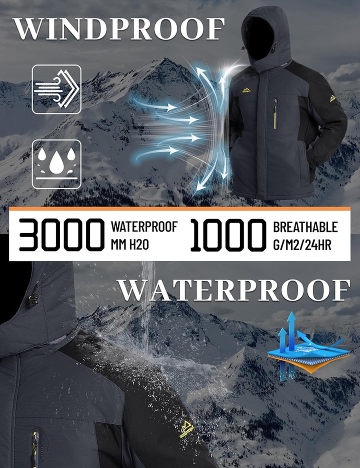 TACVASEN Herren Warme Skijacke Gefütterte Winterjacke Wasserabweisende Funktionsjacke mit Abnehmbare