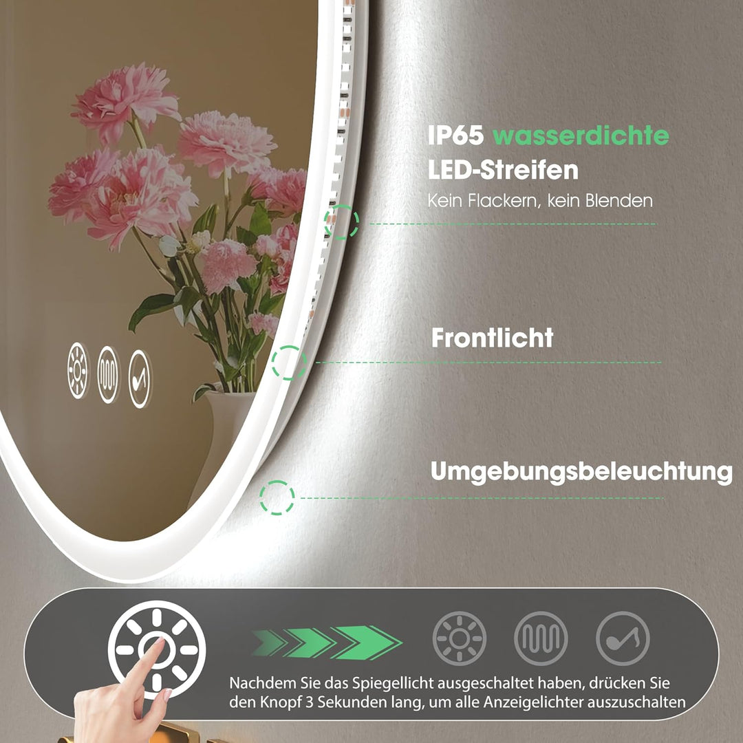 S'bagno Runder-Badspiegel-mit-Beleuchtung-90cm, Badezimmerspiegel-mit-Beleuchtung-und-Bluetooth, Ent