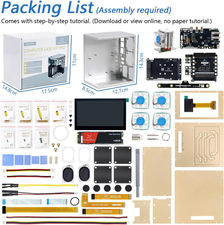 FREENOVE Raspberry Pi 5 Case Kit Pro (with 1x 128GB SSD), Dual M.2 NVMe SSD Slots, 5 PWM ARGB Fans L