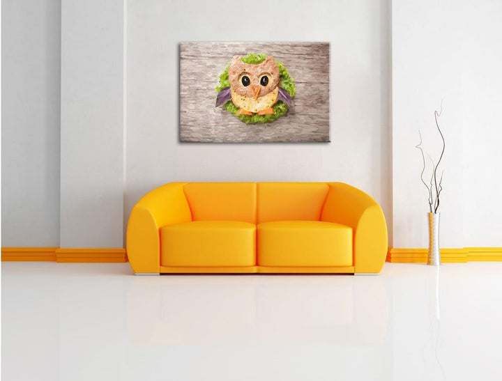 Pixxprint das lustige Eulen Sandwich Kunst / 100x70cm Leinwandbild bespannt auf Holzrahmen/Wandbild