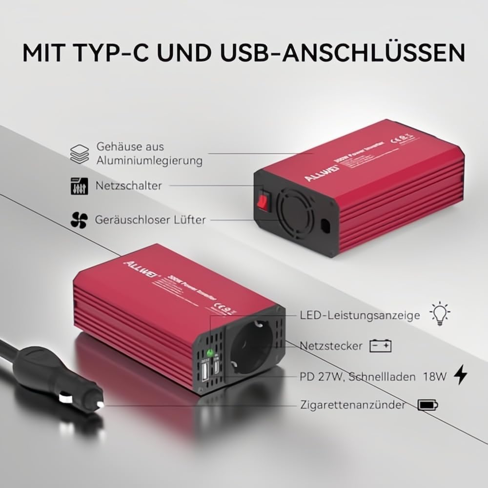 ALLWEI 300W Wechselrichter 12V auf 230V Spannungswandler, Stromwandler mit Typ-C & USB Anschluss, In