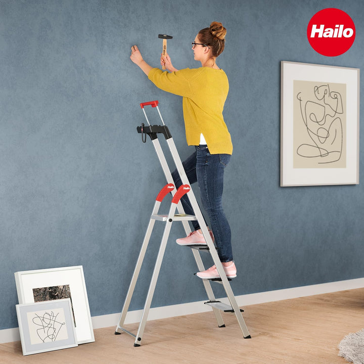 Hailo L85 ComfortLine Alu-Sicherheits-Stehleiter | 5 XXL-Stufen belastbar bis 150 kg | tiefe Standfl