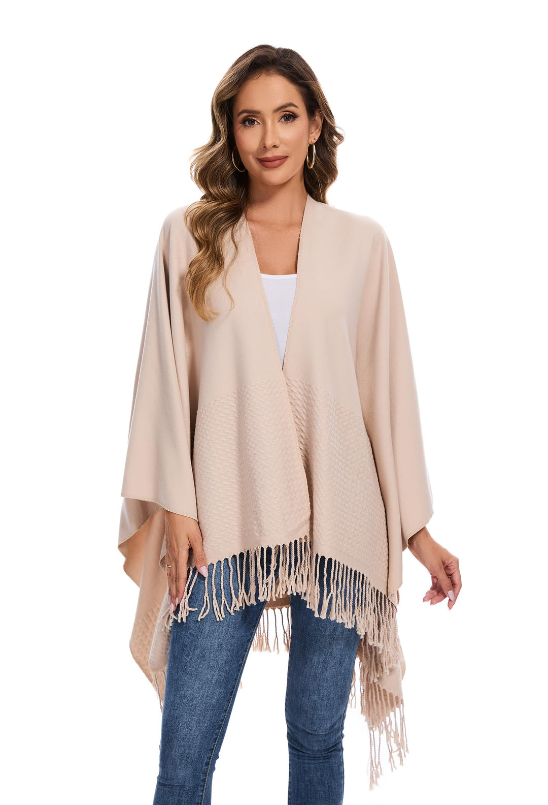 Damen Poncho Schal, Strick Cape Umhang mit Offener Front, Elegante Stola Pashmina Poncho-Decke für F