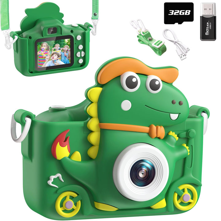 Kinderkamera Dinosaurier, Kinder Kamera 2" Display 1080P, Selfie Digitalkamera Kinder mit 32GB, Foto