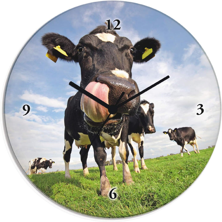 ARTLAND Wanduhr ohne Tickgeräusche Glas Quarzuhr Ø 30 cm Rund Lautlos Tiere Kuh Lustig Ländlich Hips