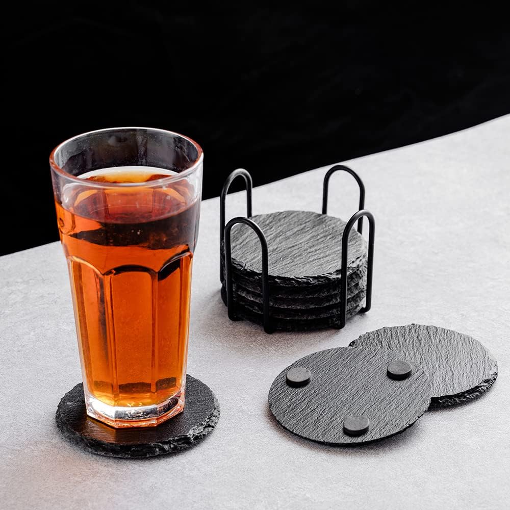Schiefer Untersetzer für Gläser 8er Set, Glasuntersetzer Schiefer rund mit Halter 10x10 cm, Bierdeck