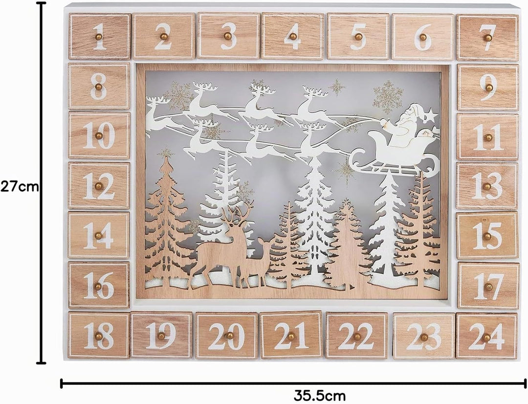 BRUBAKER Adventskalender aus Holz zum Befüllen - Fliegender Weihnachtsmann mit LED-Beleuchtung - Wie