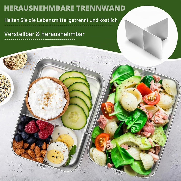 1200ml Brotdose Edelstahl mit Fächern, Brotzeitdose mit Trennwänd | Hochwertige 304 Edelstahl Brotdo