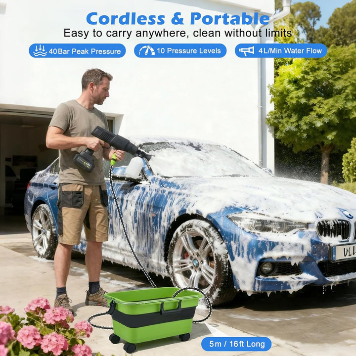 Akku Hochdruckreiniger,Mobiler Hochdruckreiniger mit 4.0Ah Batterie, highsam Pressure Washer 10-Gang