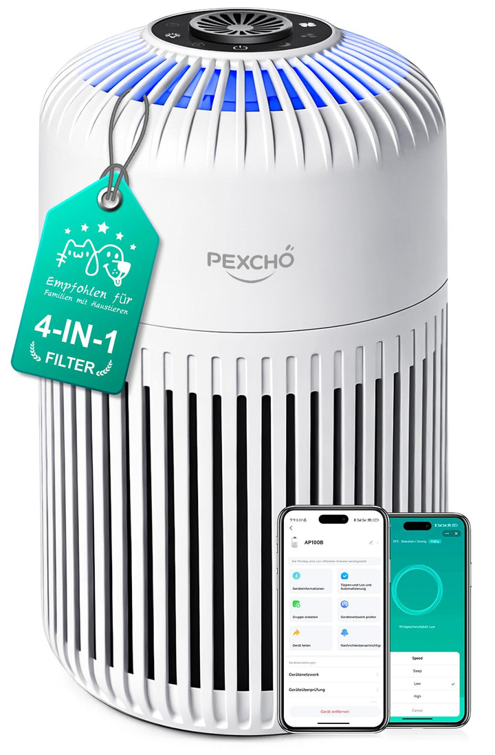 PEXCHO Luftreiniger allergiker, Upgrade 4-in-1 HEPA Filter, Luftfilter mit App Steuerung Timer Aroma