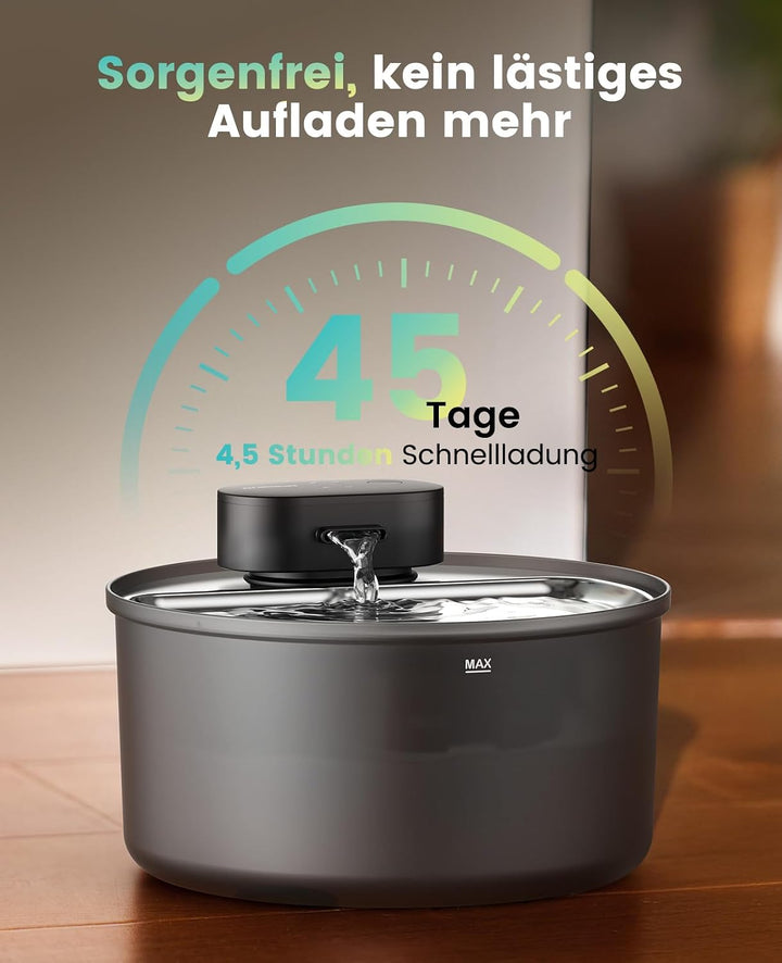 Oneisall 3.2L Kabelloser Katzenbrunnen Edelstahl mit Bewegungsmelder Katze | 4000mAh Akku 45 Tage La