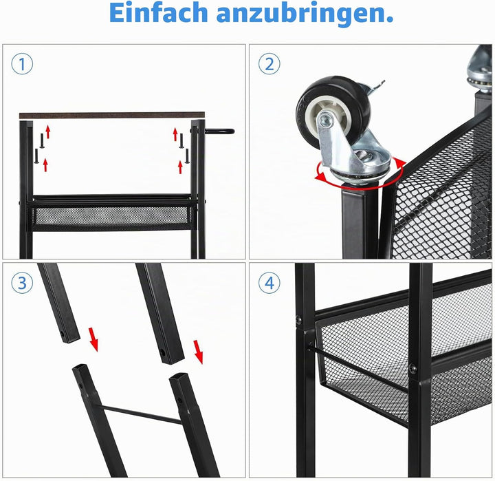 LIANTRAL Küchenwagen mit 4 Ebenen, Rollwagen, Nischenregal auf Rollen mit Hölzerner Tischplatte, Küc