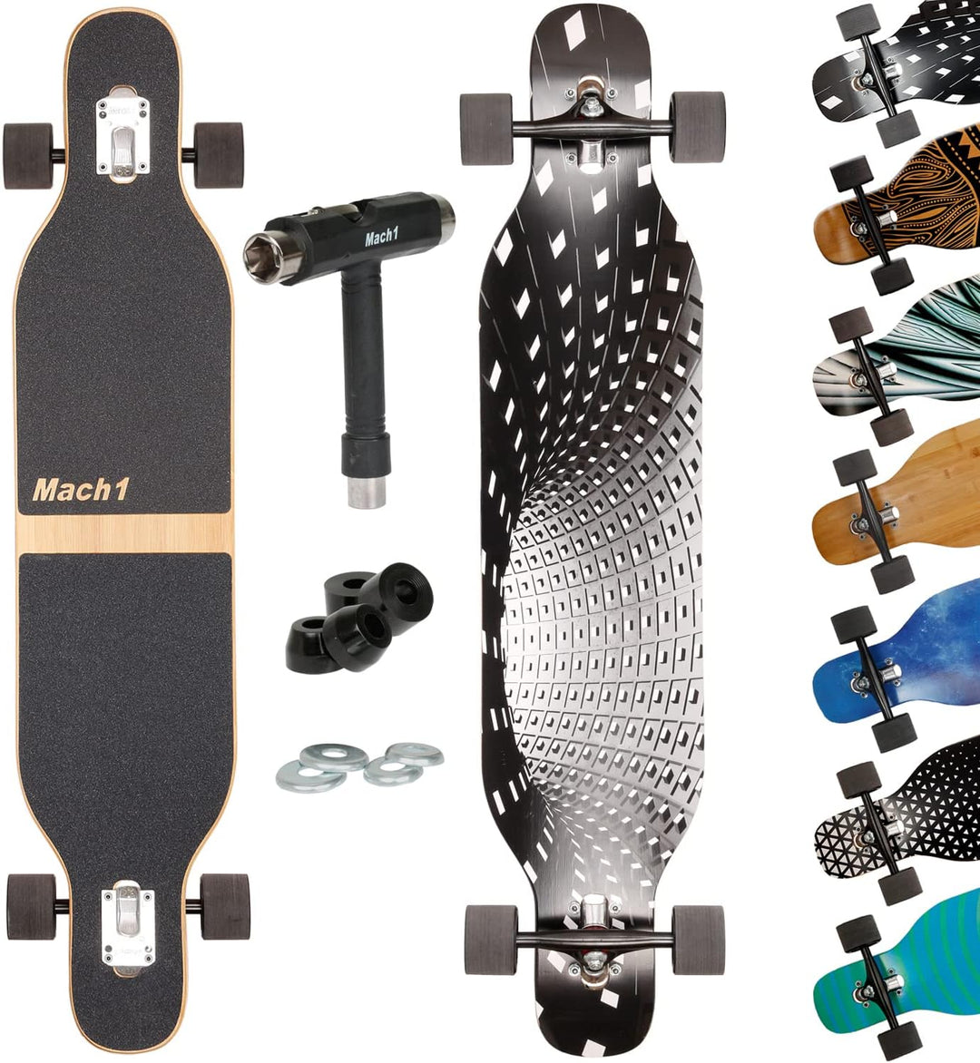 Mach1 Bambus Longboard mit Keramik Kugellager + T-Tool - Skateboard Drop Through Cruiser Komplettboa