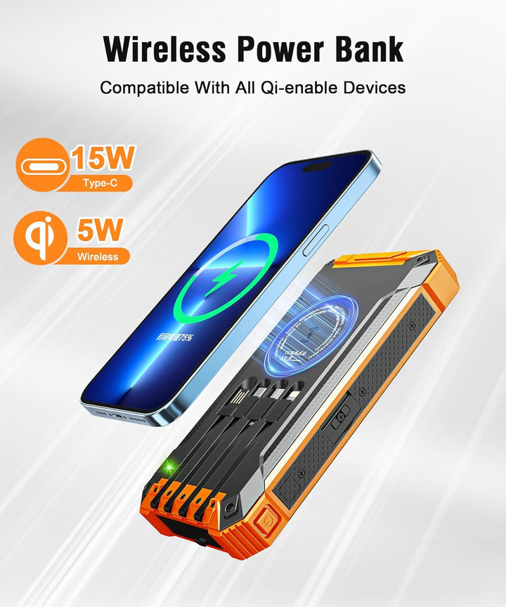 Solar Powerbank 26800mAh mit integrierten 4 Kabeln, Wireless Power Bank USB-C Ausgang/Eingang 15W Sc